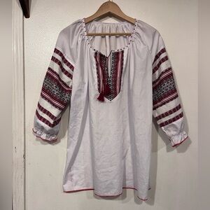 Traditional Russian Embroidered White Blouse with Red and Black Accents